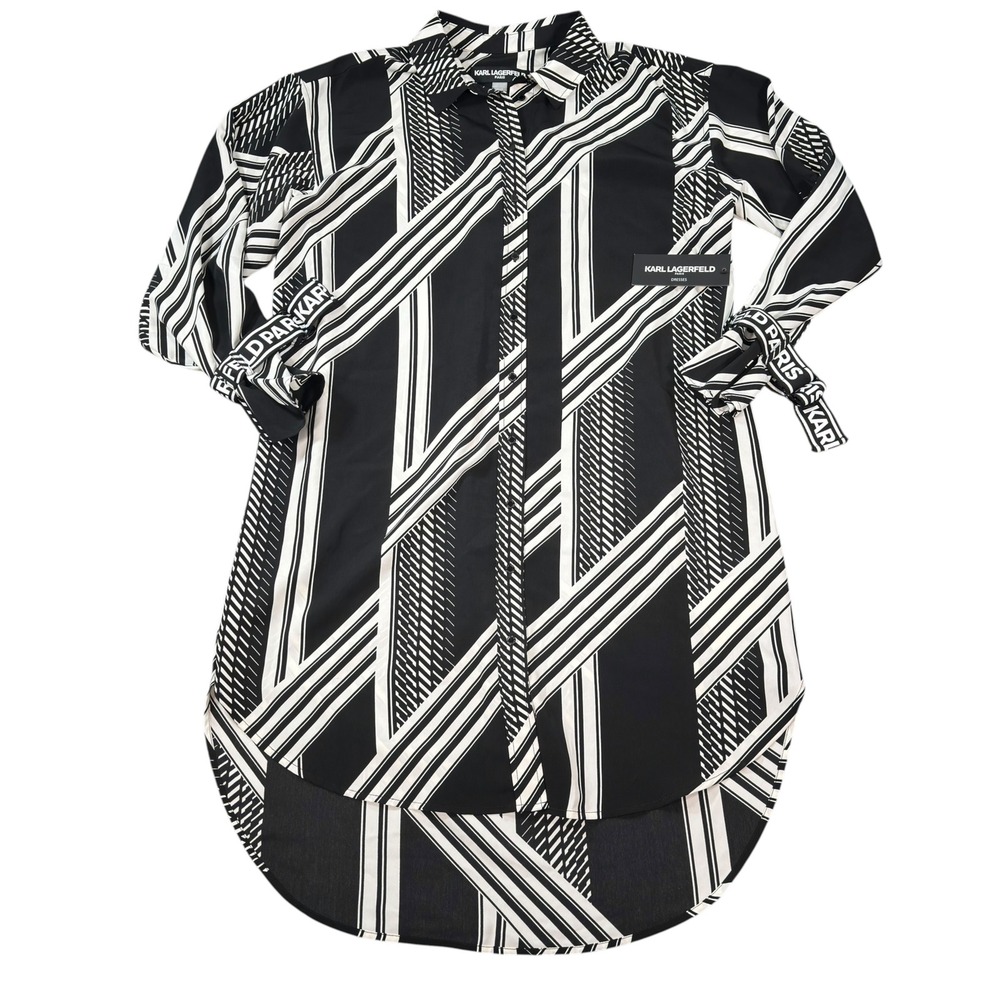 Karl Lagerfeld Women Geometric Print Black White Logo Cuff Shirt Dress Size S